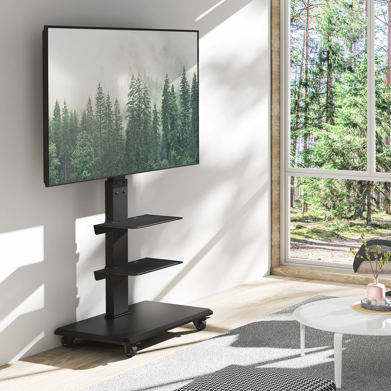 Rfiver 3-Shelf Swivel Mobile TV Cart with Wood Base for 40