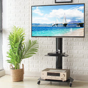 Rfiver Swivel Mobile Floor TV Stand with 2 Glass Shelves for 27"-55" TVs
