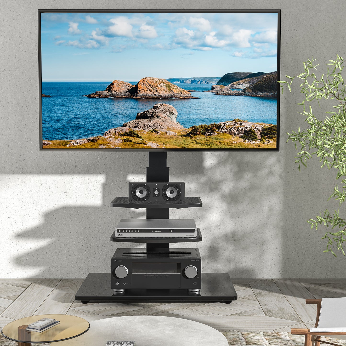 RFIVER Freestanding Swivel Floor TV Stand Tall TV Unit for 32 35 40 42 43 49 50 55 58 60 65 70 inch LCD/LED Flat Curved Screen Height Adjustable with 3-Tier Shelves Max VESA 400x400mm up to 50kgs