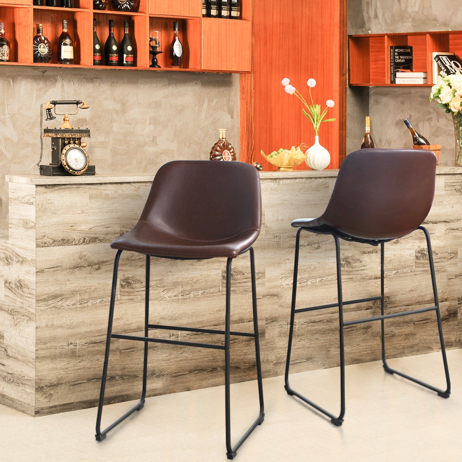 Rfiver PU Leather Bar Stools with Back and Footrest, Set of 2