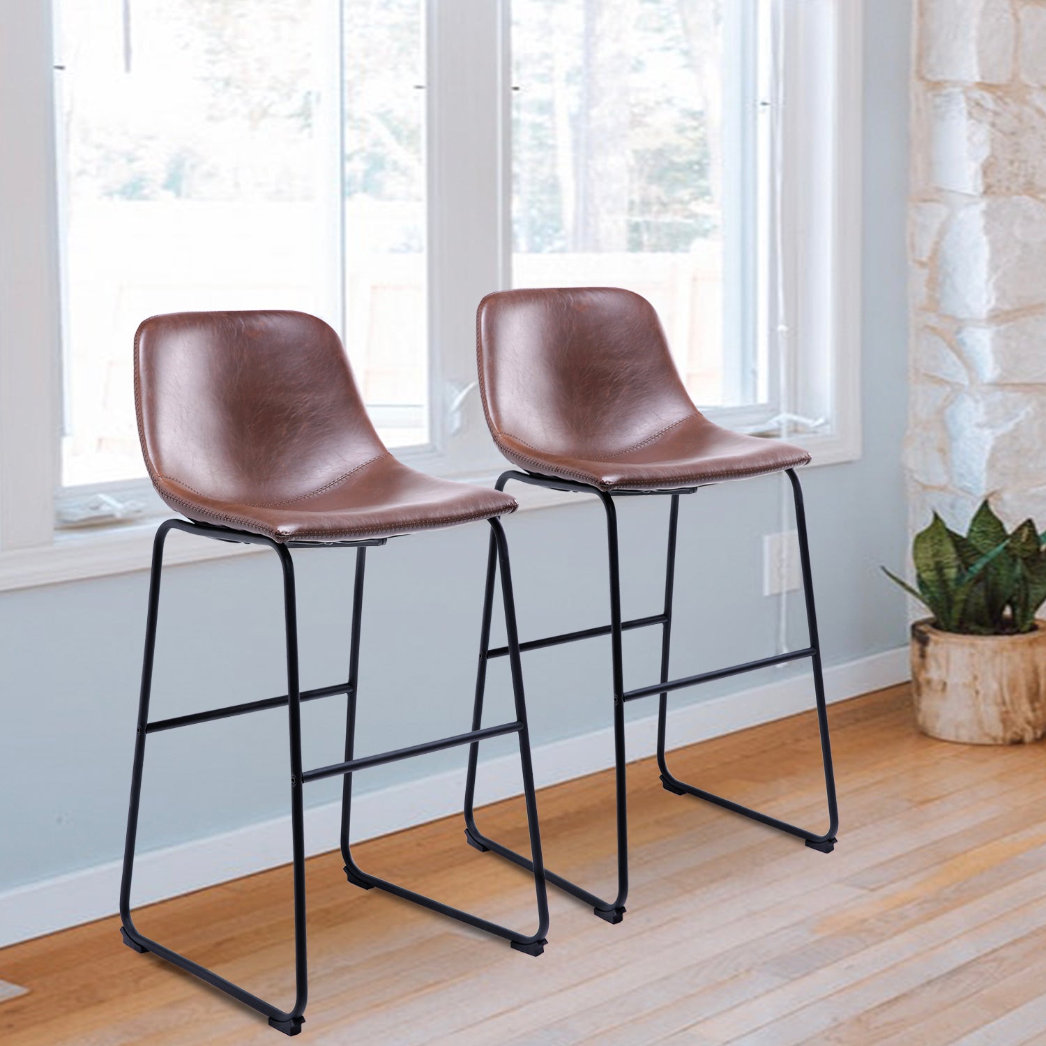 Rfiver PU Leather Bar Stools with Back and Footrest, Set of 2