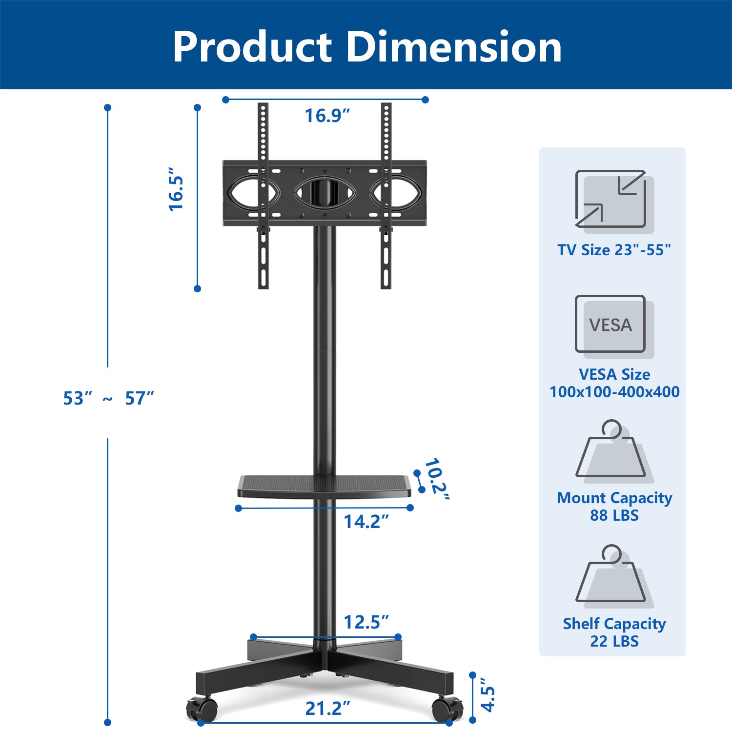 Rfiver Mobile TV Cart for 23-60 Inch TVs up to 88 lbs, Max VESA 400x400mm