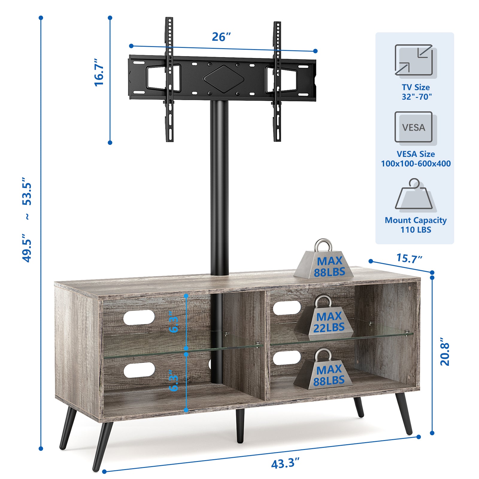 Rfiver Gray Wood TV Stand Console with Swivel Mount for 32