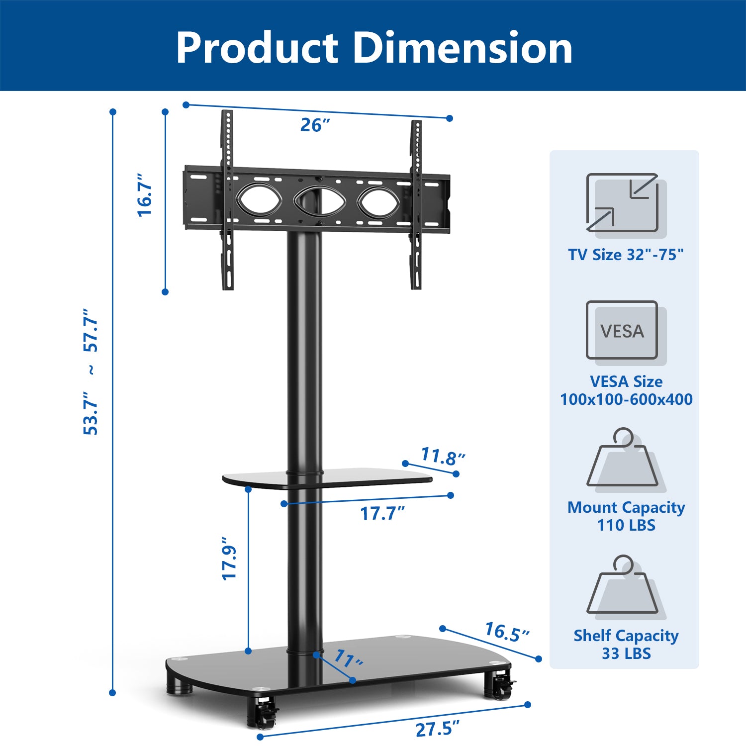 Rfiver Swivel Mobile Floor TV Stand with 2 Glass Shelves for 32