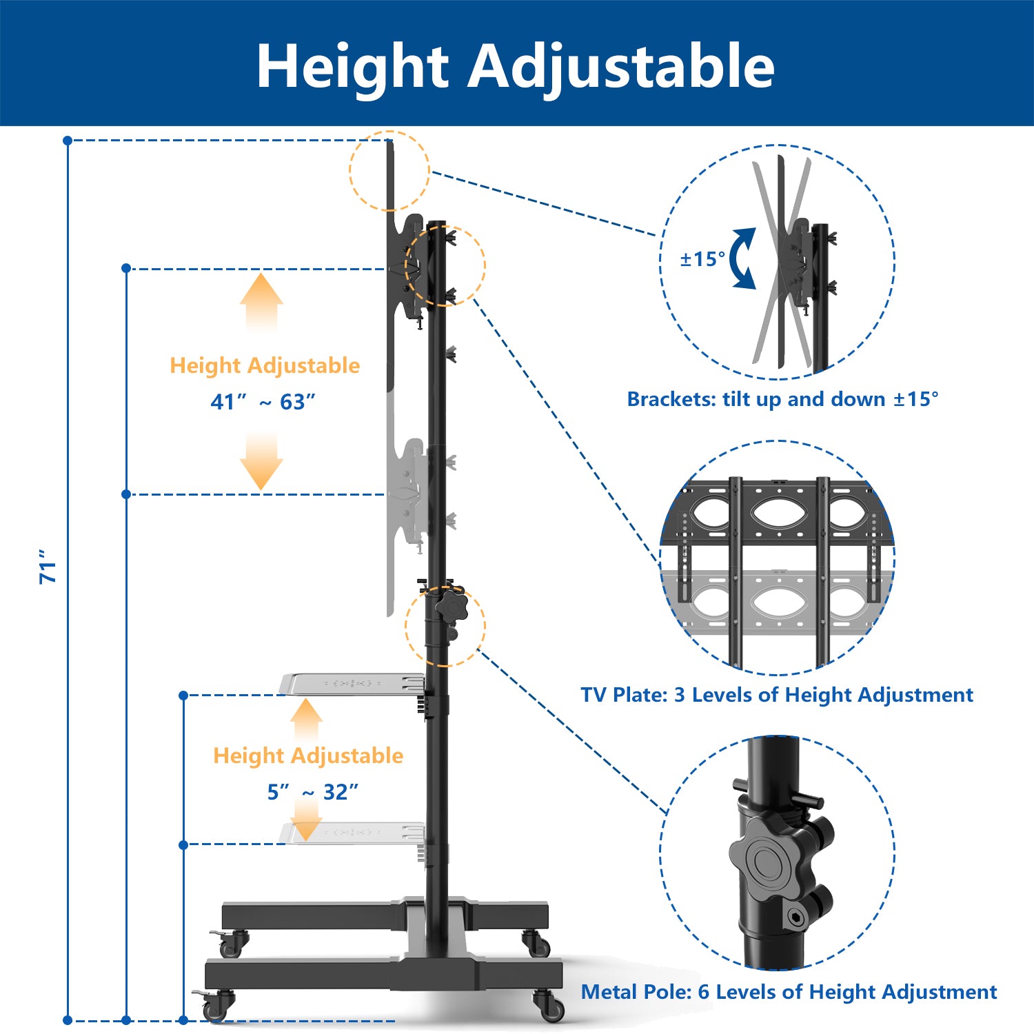 Rfiver 1-Shelf Mobile TV Cart with Tilt Mount for 40