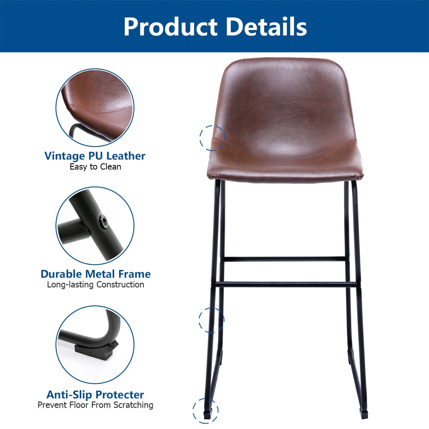 Rfiver PU Leather Bar Stools with Back and Footrest, Set of 2