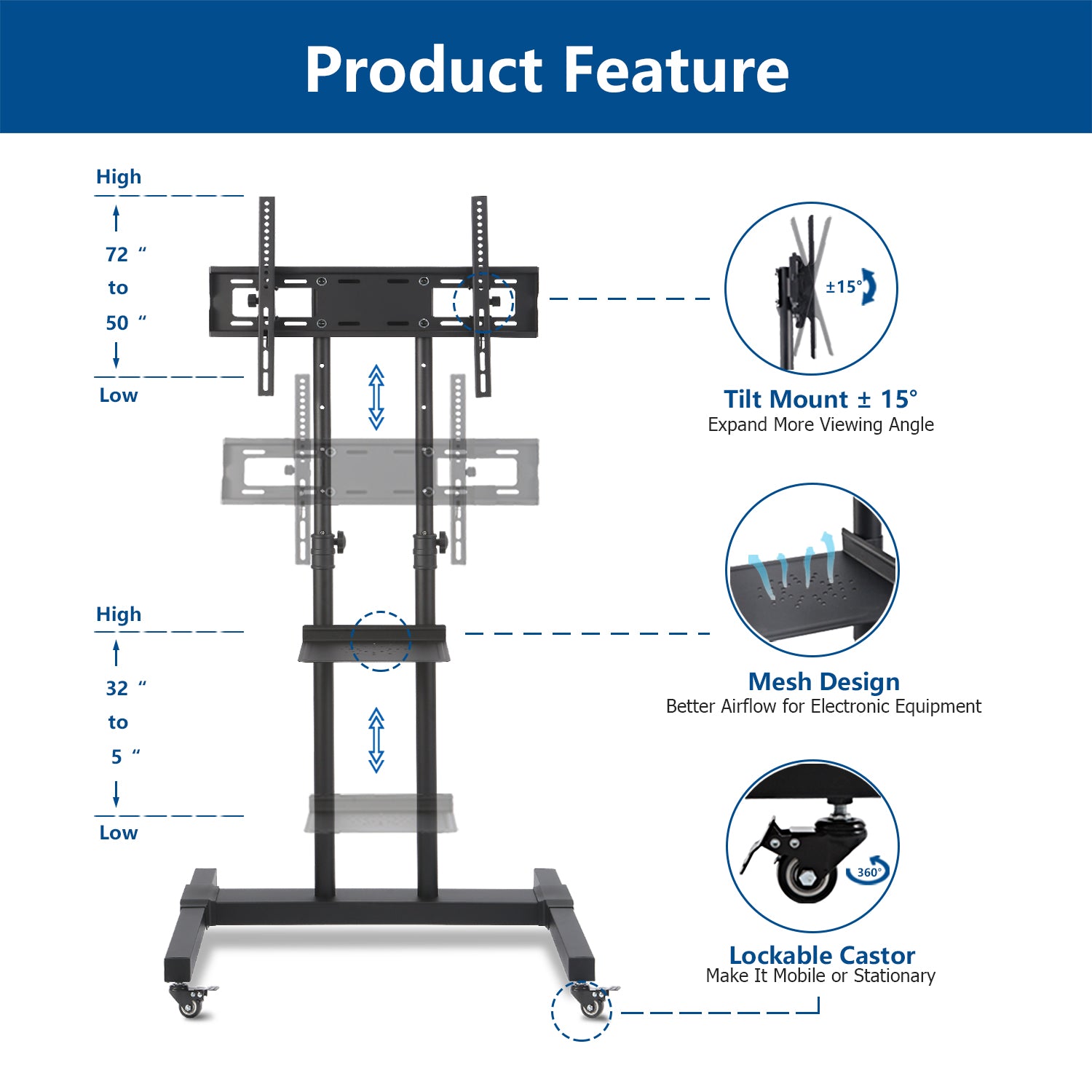 Rfiver 2-Shelf Dual Mobile TV Stand with Tilt Mount for 37