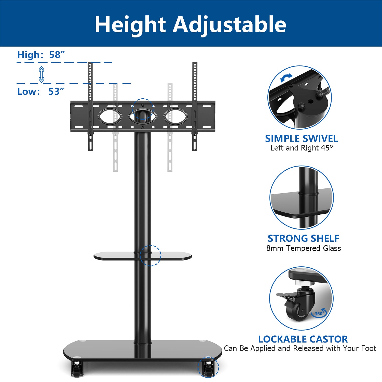 Rfiver Swivel Mobile Floor TV Stand with 2 Glass Shelves for 32