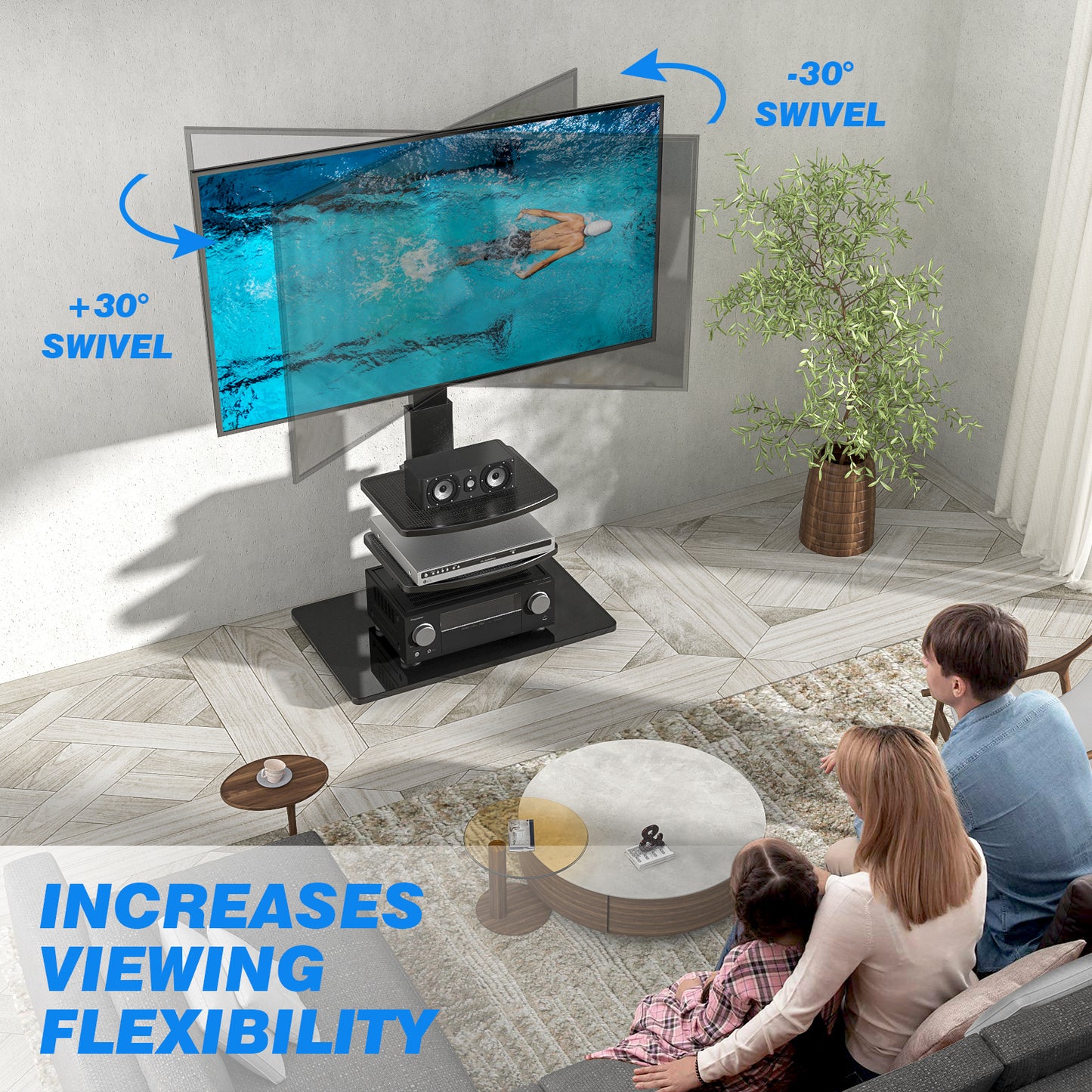 RFIVER Freestanding Swivel Floor TV Stand Tall TV Unit for 32 35 40 42 43 49 50 55 58 60 65 70 inch LCD/LED Flat Curved Screen Height Adjustable with 3-Tier Shelves Max VESA 400x400mm up to 50kgs