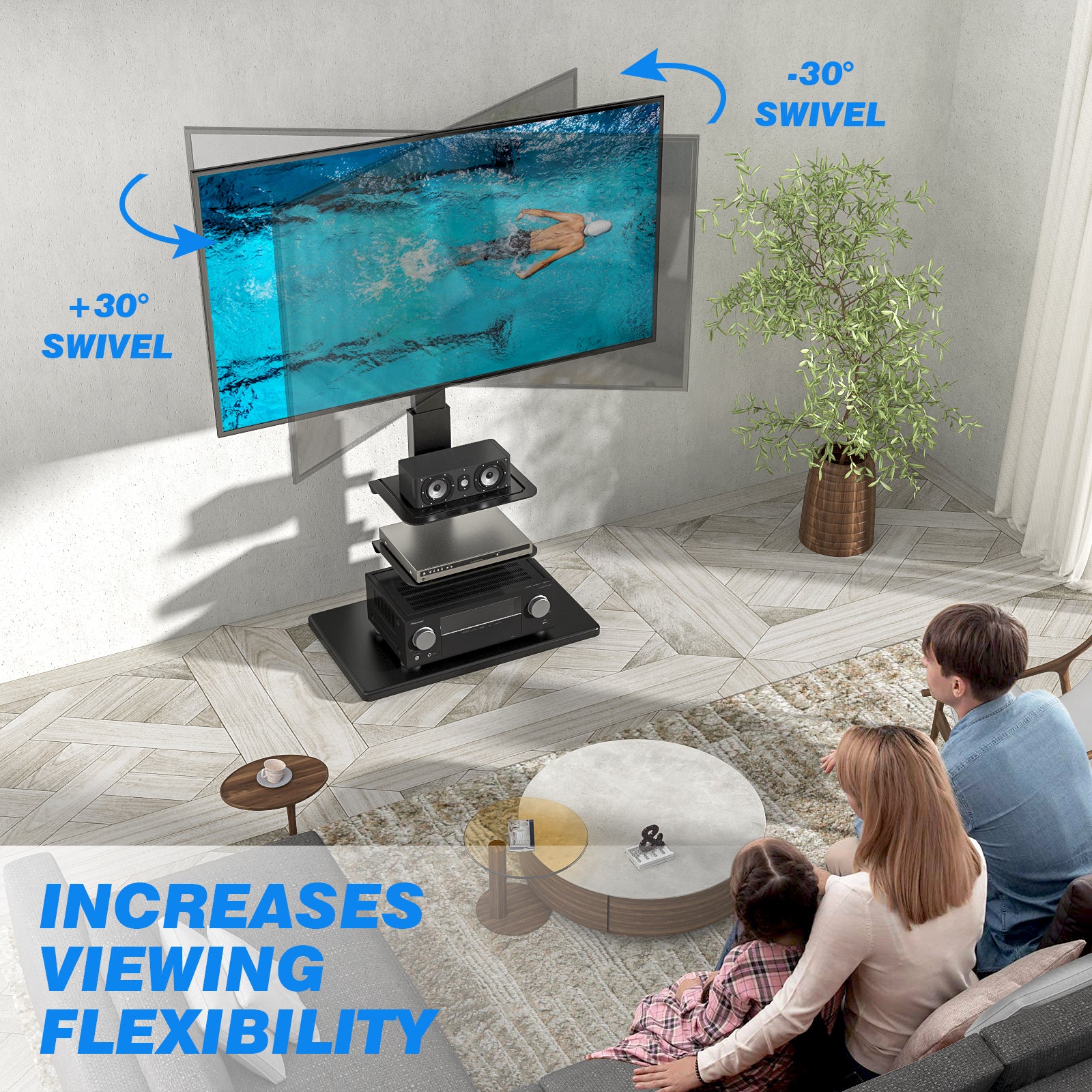 Rfiver 3-Shelf Swivel Floor TV Stand with Wood Base for 40