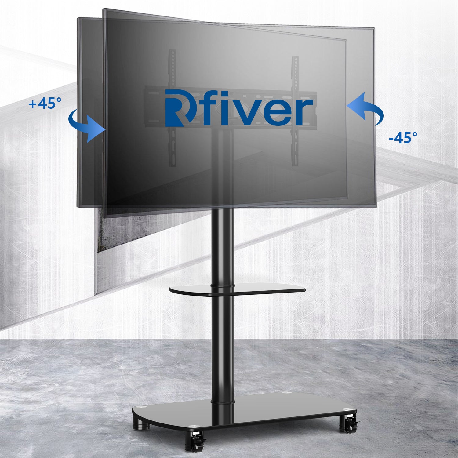 Rfiver Swivel Mobile Floor TV Stand with 2 Glass Shelves for 32