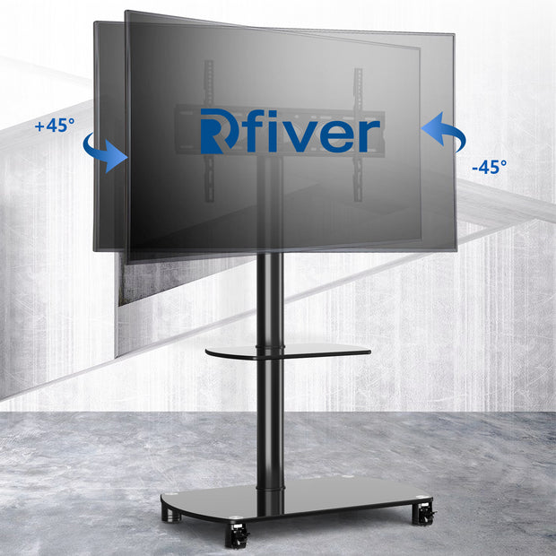 Rfiver Swivel Mobile Floor TV Stand with 2 Glass Shelves for 32"-75" TVs
